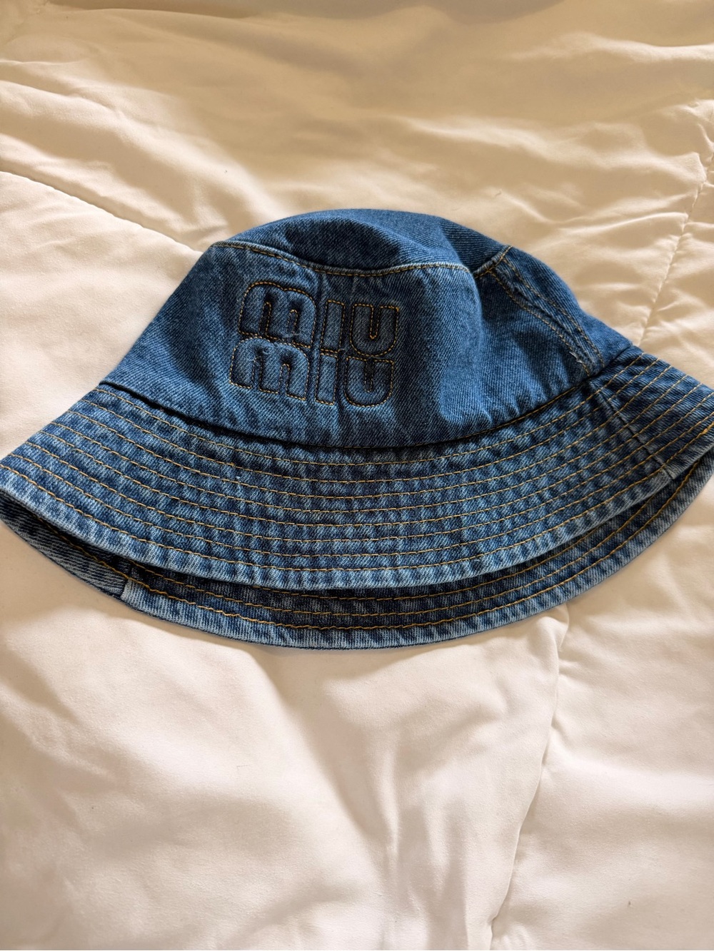 Miu Miu Denim Bucket Hat in Blue with Embroidered Logo